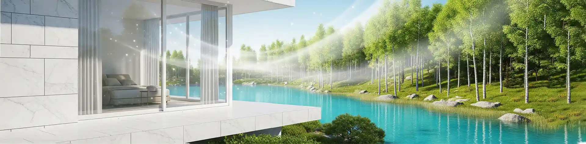 Pure outdoor environment with lake and trees showing ozone for air purification and odour control