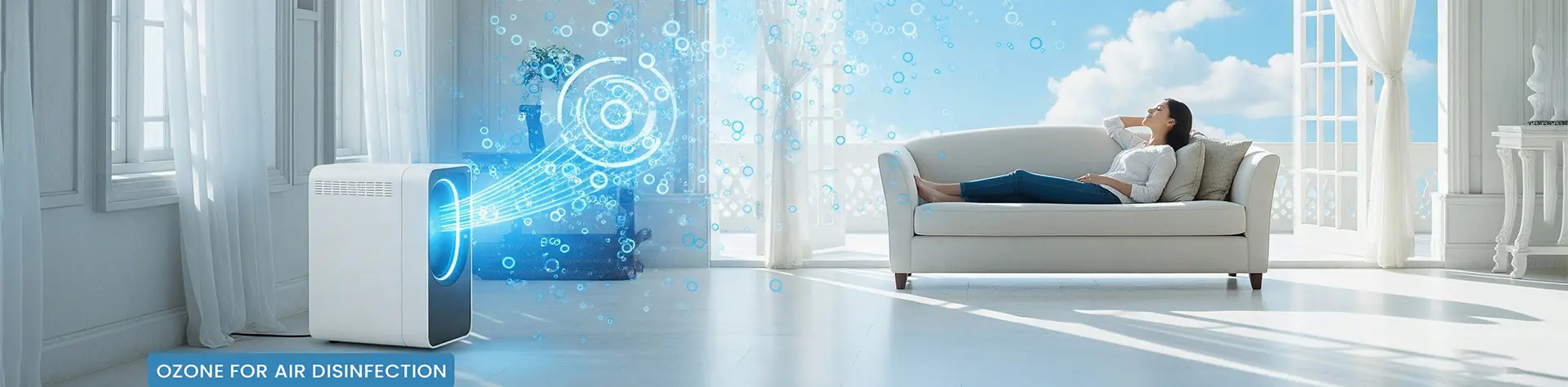 Happy woman relaxing in a clean home with ozone for air disinfection ensuring fresh and pure indoor air.