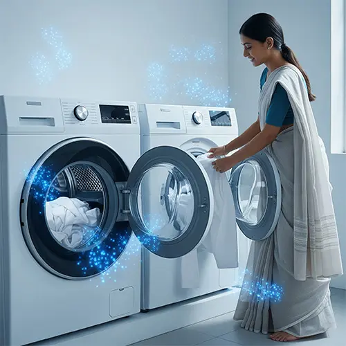 A woman washing clothes by using ozone for laundry.