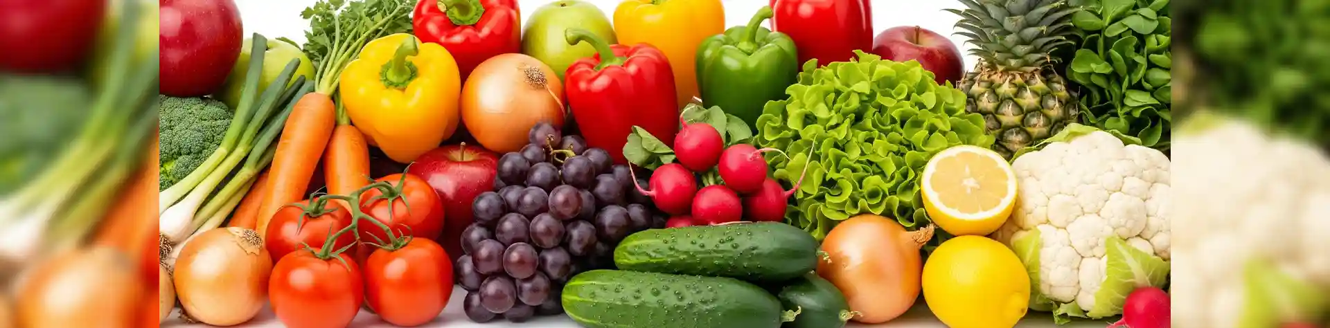 Fresh fruits and vegetables washed using ozone, arranged together cleanly.